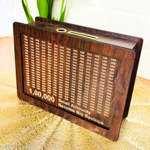 1 Lakh Wooden Money piggy Bank for Kids/Piggy Bank, Money Box, Coin Box with Carved Design for Kids/Children, Savings Challenge Box,   Wooden Savings Box,Wooden Coin Piggy Bank,